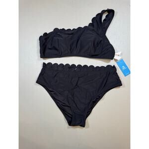 NWT Cupshe Black Scalloped One Shoulder High Waist Bikini Size Large